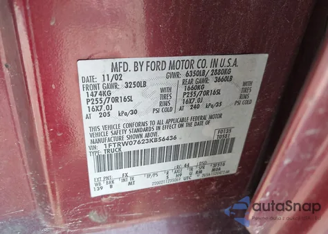 2003 Ford F-150 Lariat/Xlt из США, поврежденный, VIN 1FTRW07623KB56436